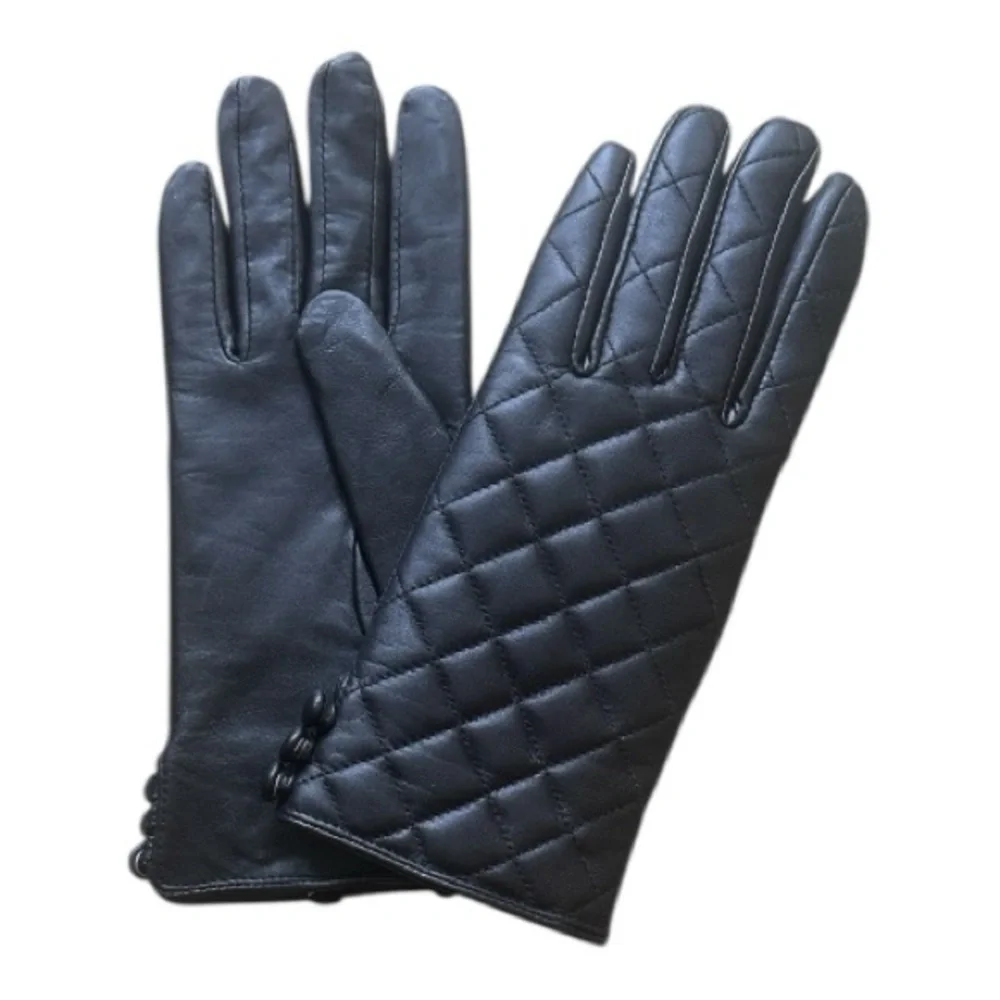 Dennis Basso Black Quilted Leather Gloves with Buttons Women's Size S